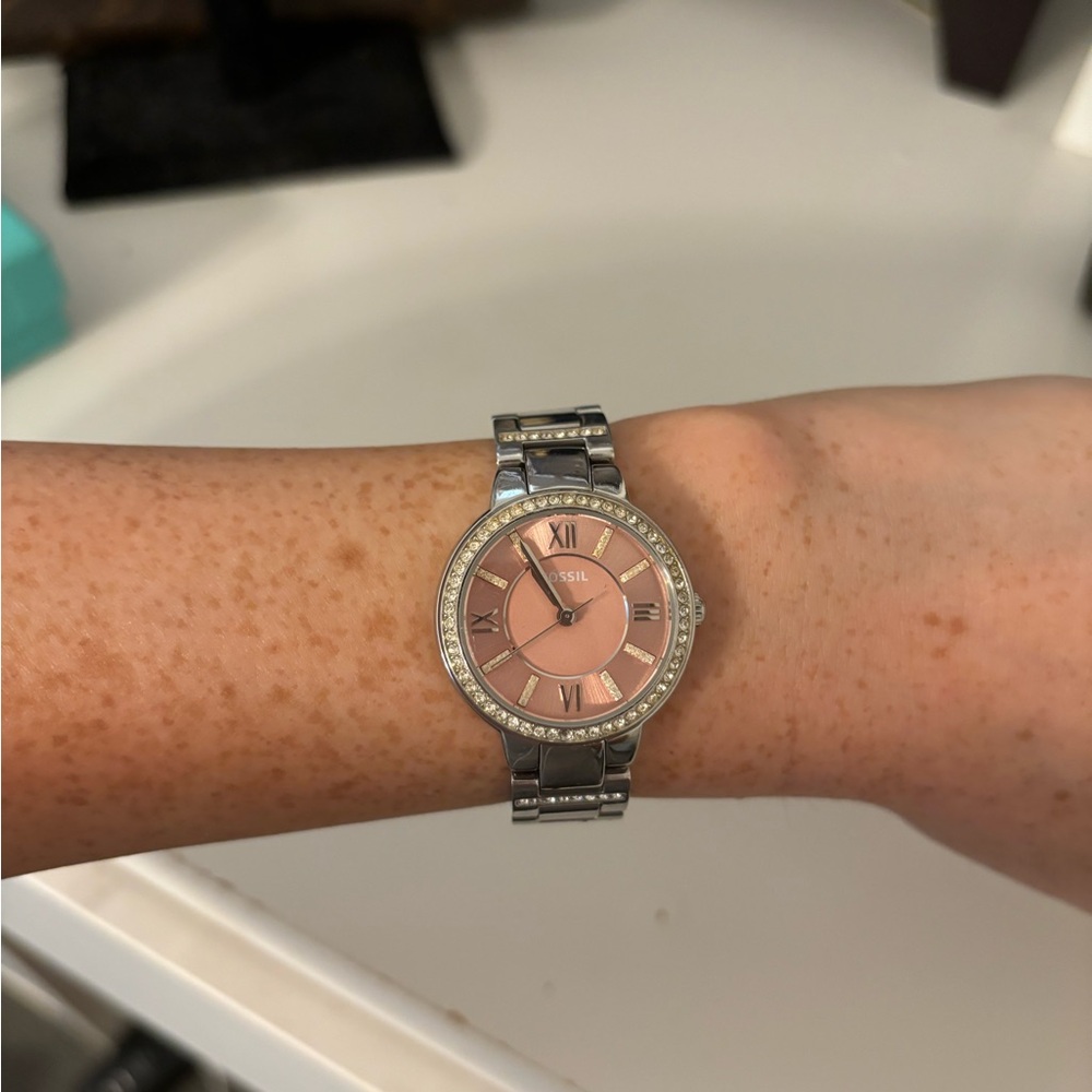 Fossil Watch with baby pink face and crystals